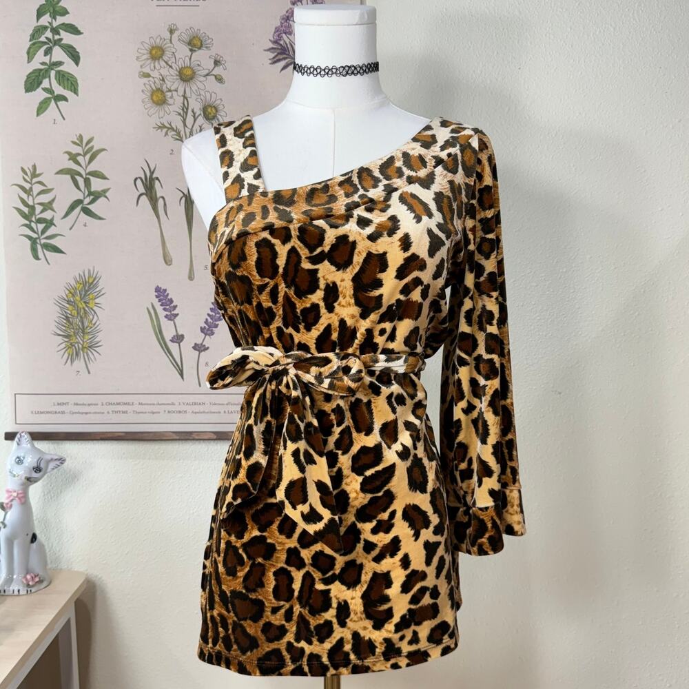 90s Y2k Velour Leopard One Sleeve Micro Mini Dress Tunic Top Sexy Trashy Bratz S